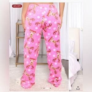 Fashion Nova Reindeer Kiss PJ Plush Pants- Pink/Combo